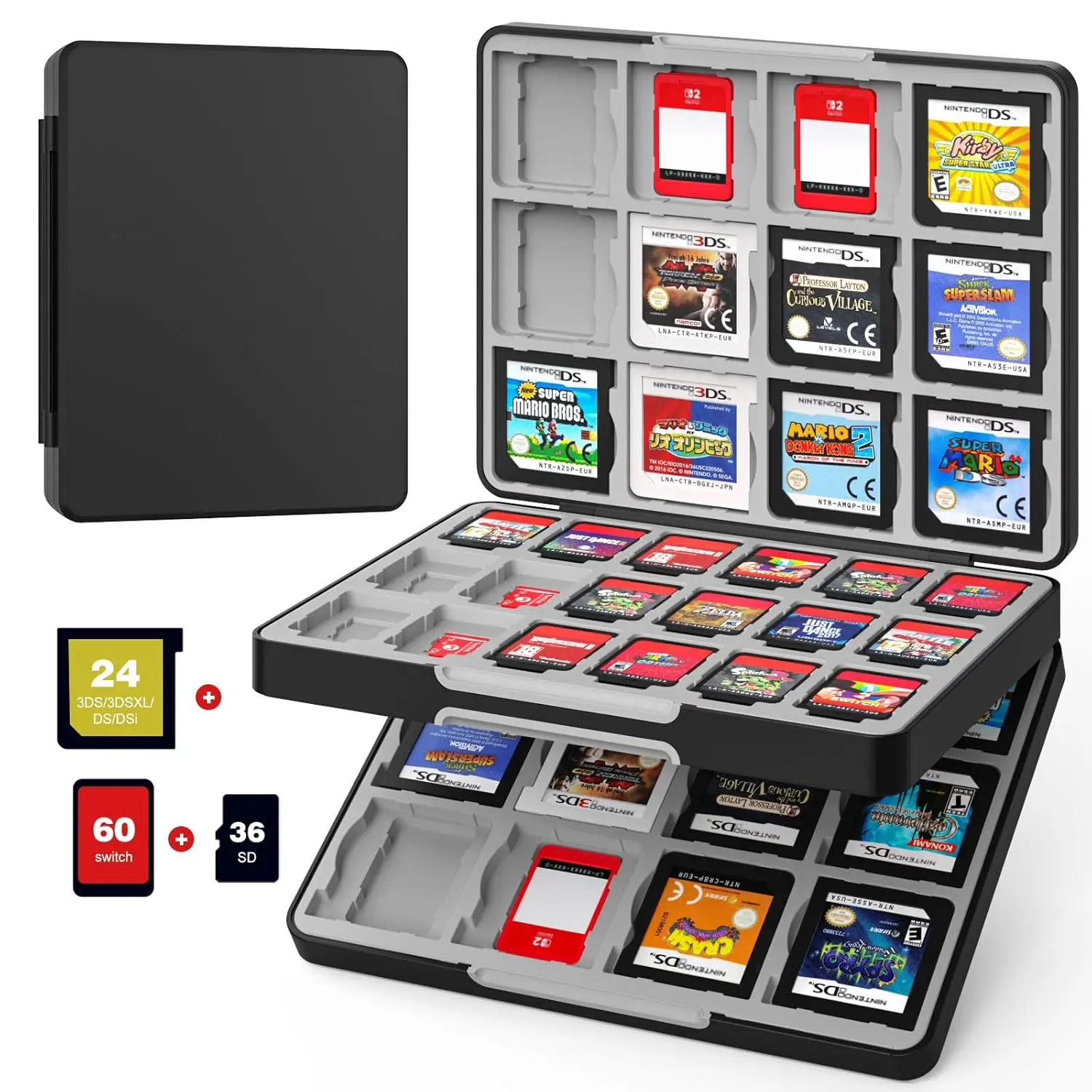 Portable Gaming Card Organiser with 60-Cartridge Cover, 24 3DS Cartridge Holders, 36 Micro SD Cushion Protectors, Magnetic Closure, Compatible with Switch 2/Switch OLED/3DS XL, Black Gift Box, Card Storage Box, Plastic