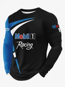 Men's Long Sleeve T-Shirt, Classic Mobil 1 Racing Biker Cartoon Graphic Print, Slim Fit Casual Top, Breathable Round Neck, All Seasons Wear