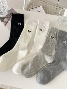 5 Pairs Butterfly Knot Ultra-Thin Fit Mid-Calf Socks, Pure Color Breathable Mesh Stacking Socks, Ballet Breathable Socks