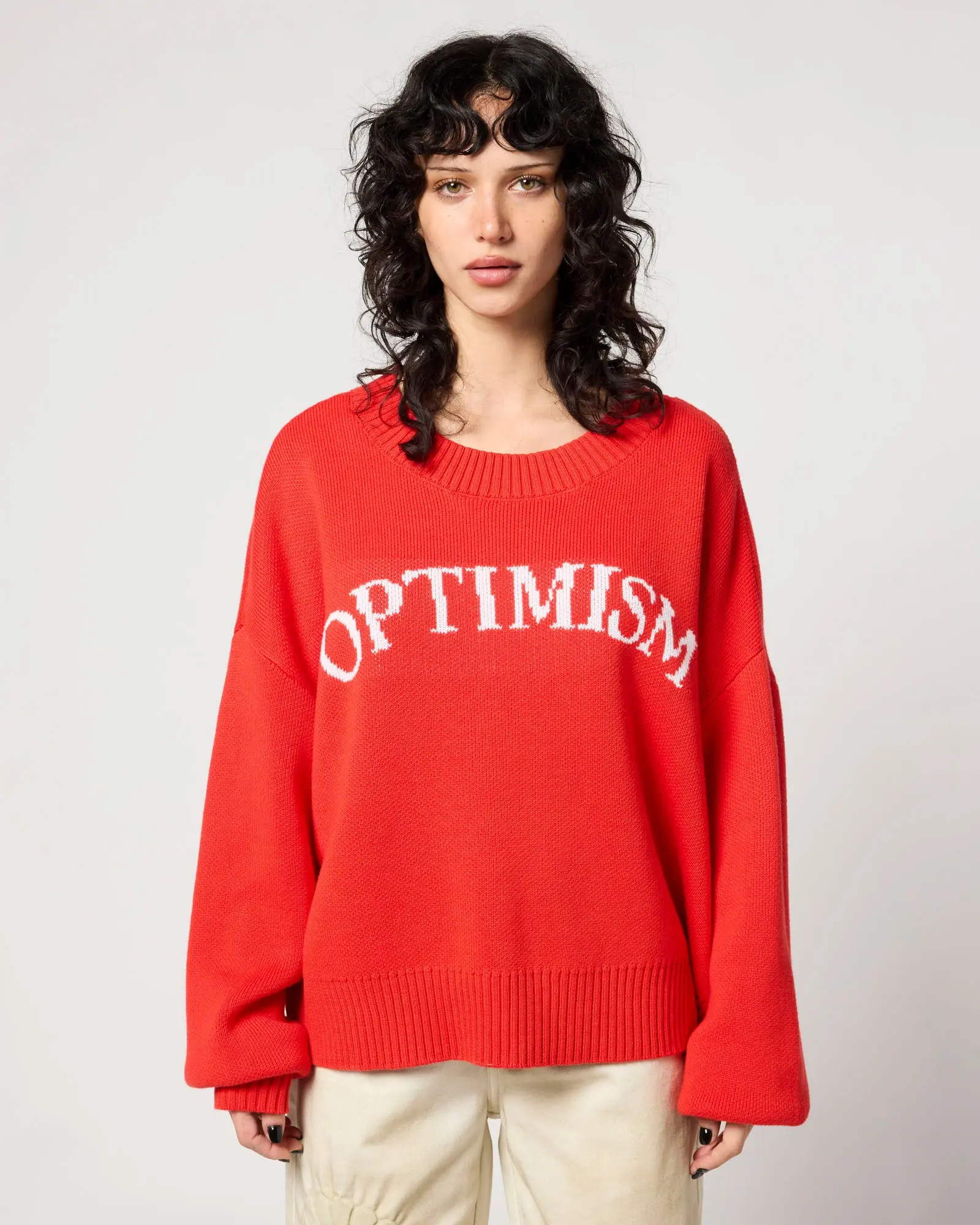 Optimism Graphic Knit Sweater | Red Intarsia Lettering Chunky Pullover