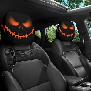 Halloween Pumpkin Head Pillow Covers Set of 2, Headrest Covers, Skull Design with Glowing Eyes, & Car Decorations, Easy Install