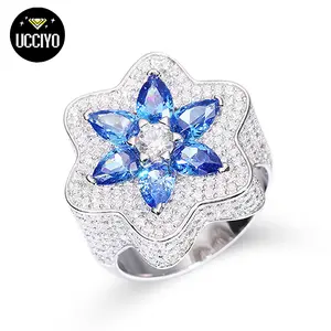 【#R306 】925 Sterling Silver Lucky Clover Cross Ring With Pink Blue Water Drop Stone Iced Out Couple Rings for Women Men Hip Hop Gifts