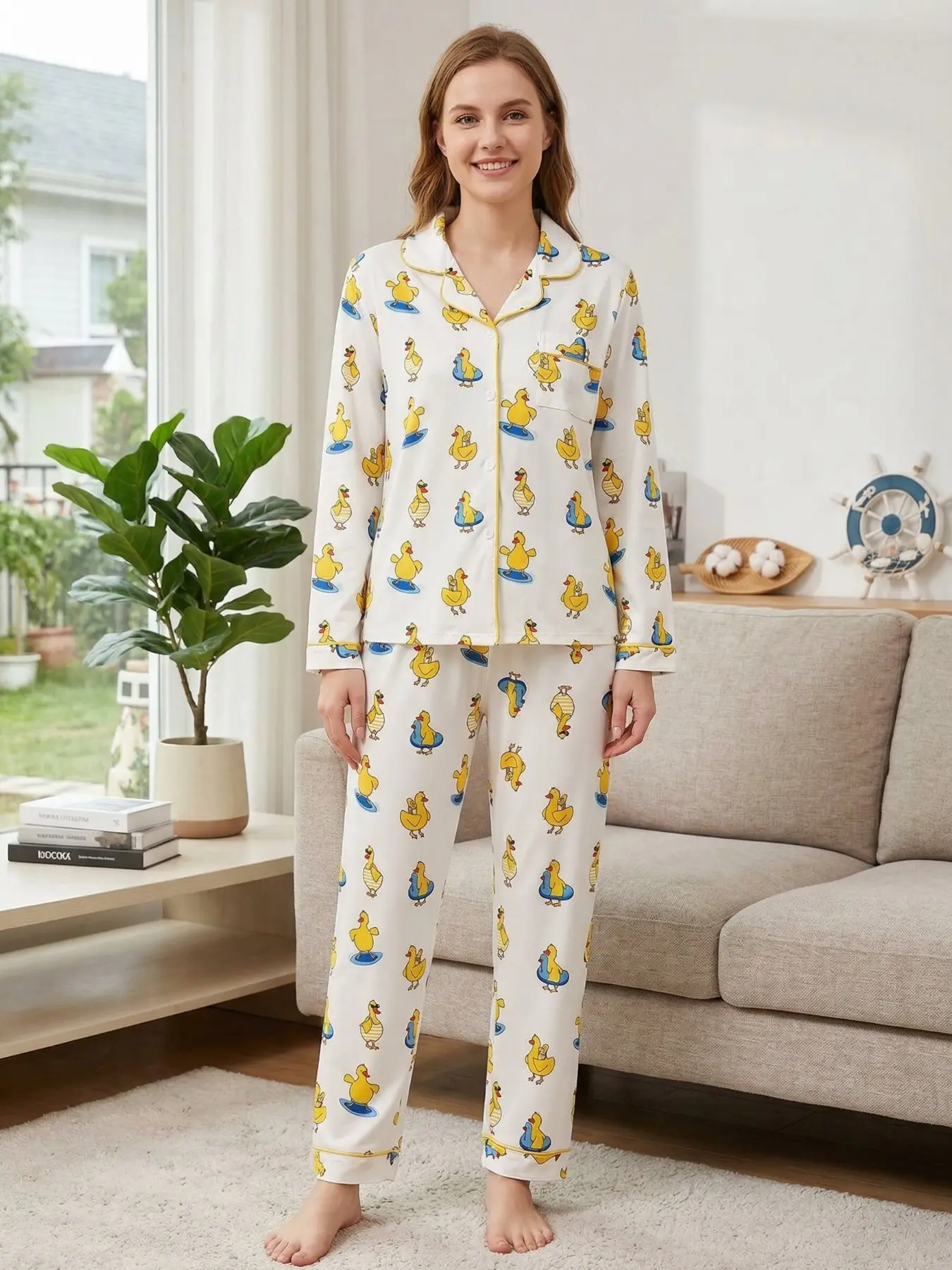 Two-Piece Cute Duck Print Women's Pajamas Set, Loungewear, Nightwear ...
