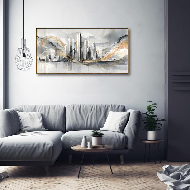 Modern Luxury Upgrade - 20x40 Inch Gold - Accent Wall Art - Solid Wood Frame, Abstract Cityscape with Metallic Gold Swirls Elevates Contemporary Interiors, Perfect for 20x40 Homes Seeking Sophisticated Glamour