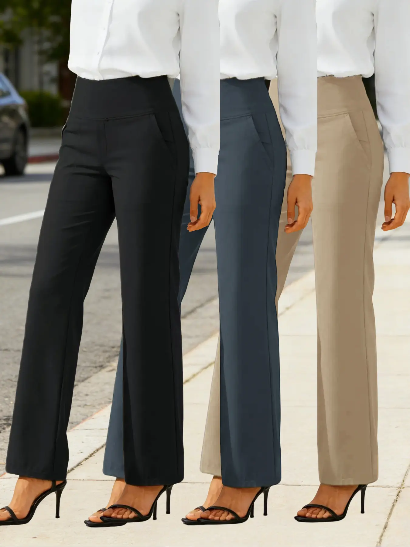 Women's High-Waist Stretchy Wide Leg Sports Pants - Essential Trousers With Oversized Pockets For Yoga, Travel | Khaki, Grey, Black