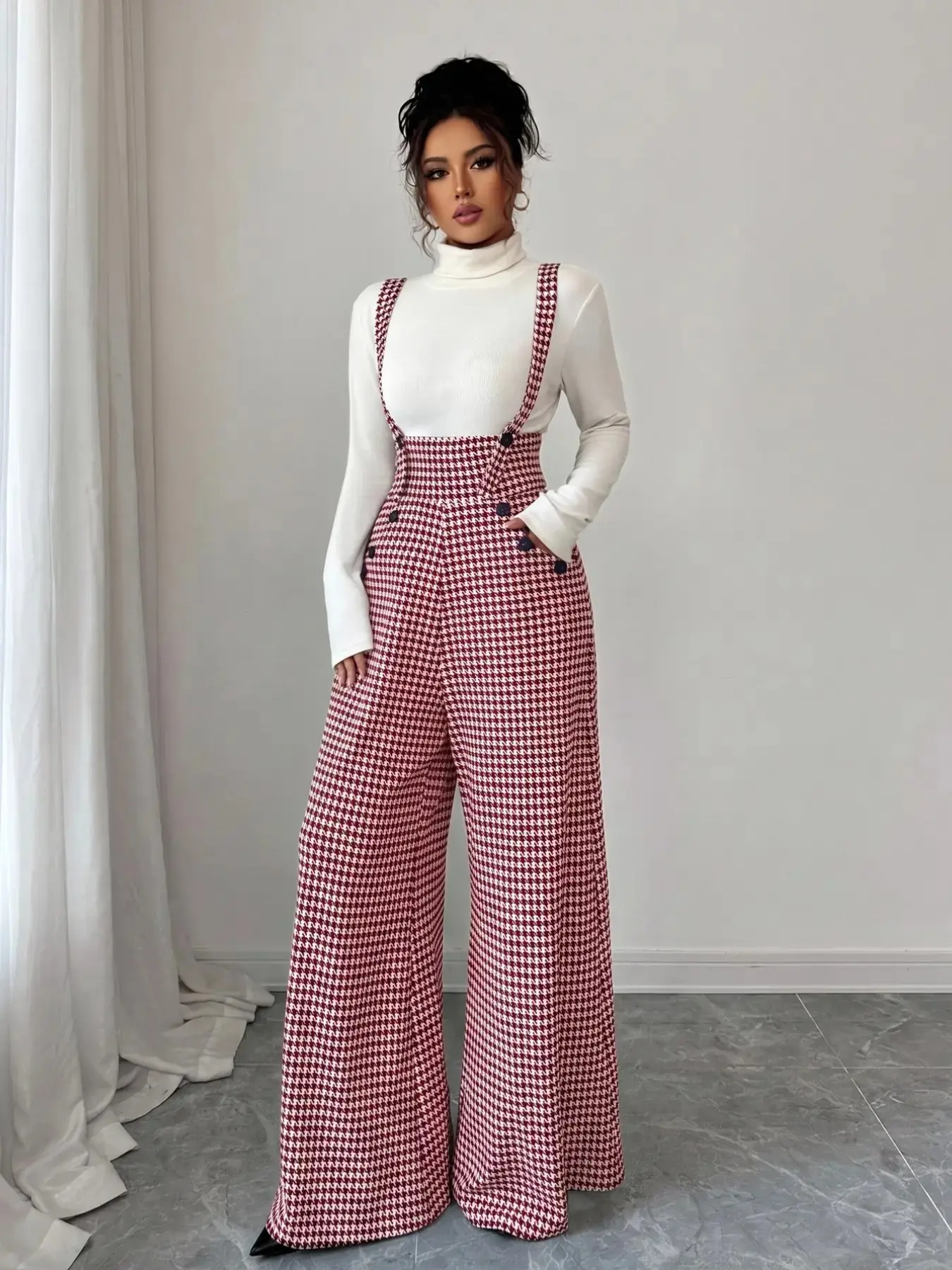 Women's Knitted Houndstooth Plaid Print Belted Pants, Button, Elegant Fall/Winter Fashion, Long Pants with Front Zipper and Pockets, Casual Commuter Wear, Womenswear, Casual High Rise, Fit