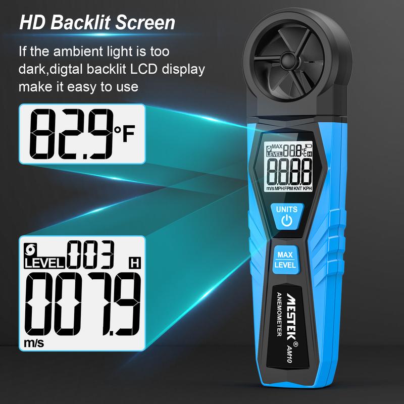 Mestek AM10 Digital Anemometer Wind Speed Gauge Meter Five Modes Rotate Wind Speed temperature measure 5 Unit m/s MPH FPM KNT KPH Wind Speed Meter