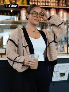 WOMEN'S COLOR - BLOCKED KNITTED CARDIGAN, BUTTON - FREE DESIGN, ESSENTIAL FOR DAILY STREET STYLE, VERSATILE LOOSE - FIT AND SLIMMING KNITTED TOP FOR SPRING AND AUTUMN, Knitted Sweater