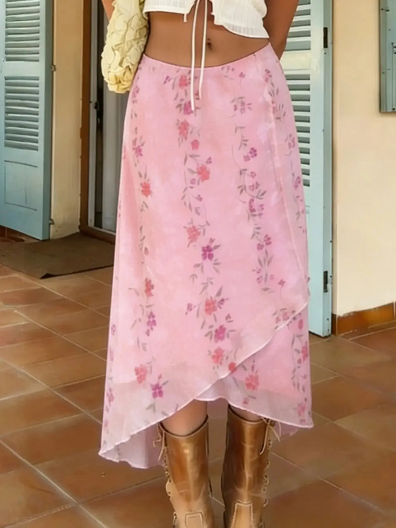 Summer Vacation Irregular Hem Skirt, Elegant Women's Mesh Ditsy Floral Long A-Line High Waist Slimming Skirt