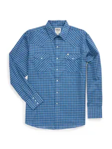 Men's Ely Cattleman Long Sleeve Barbed Wire Dobby Plaid Western Snap Shirt- Navy