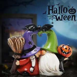 Halloween Resin Handcrafted Quality Kissing Gnome Statue, Handmade Halloween Decorations with Festive Elements, Pumpkin and Bat Ornaments, Unisex Home Decoration Figurine