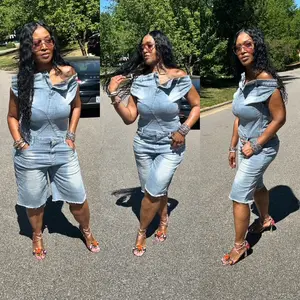 Chill Saturday Stretch  Denim Off the shoulder short romper