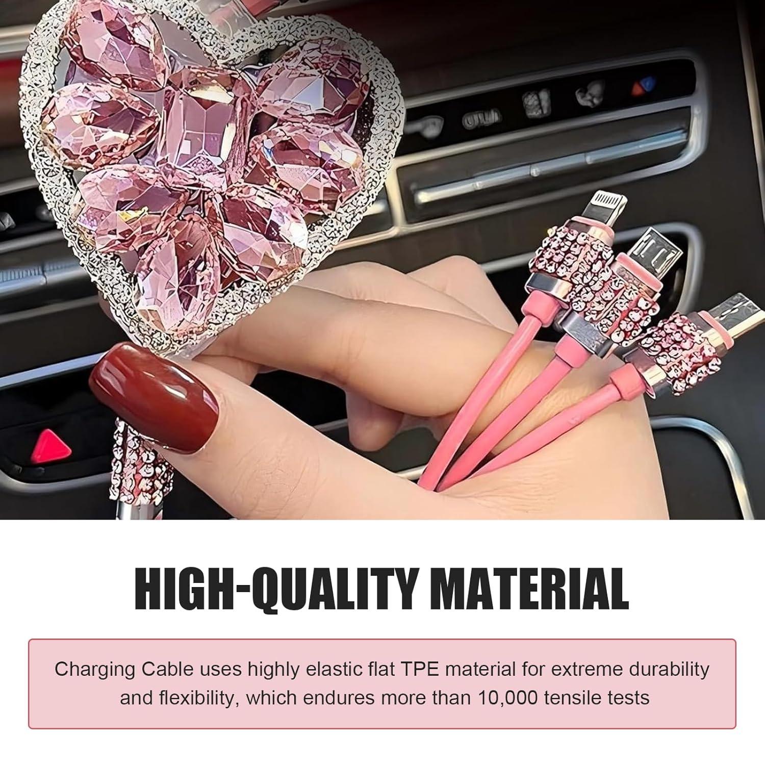 Bling Crystal Heart Charger Cable 3-in-1 USB Multi Pink Clear Girly Viral TikTok Fast Charge Phone Accessory Cute Gift for Women