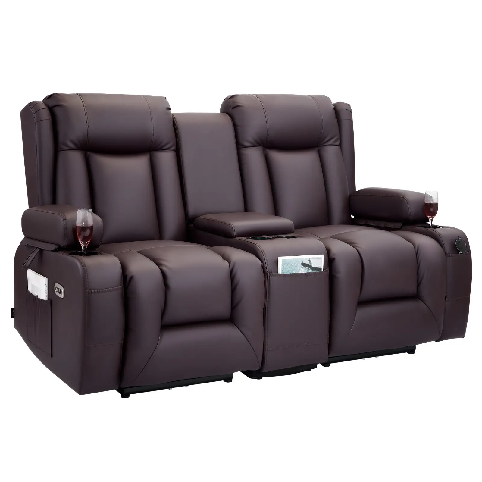 【Summerfinds】VEVOR PU Leather Power Reclining Loveseat Sofa for Living Room, Electric Recliner with Massage Heat, Wide Arms, Timer, Center Console, USB Ports, Cup Holders, Side Bags, Love Chair, Armrest, 140° Position: 63.0 X 65.55 X 32.6 In, Adjustab, Ad