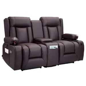 VEVOR Loveseat Recliner Sofa, Power Reclining Couch with Heating & Massage and Timer, PU Leather Electric Recliner Sofa with Center Console, USB Ports, Cup Holders and Side Bags for Living Room