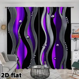 2D Flat 2Pcs Modern Wave Pattern Curtains Purple Black Silver Abstract Design Pearl Decorative Rod Pocket Polyester Panels Elegant Semi Sunshade Window Treatment for Living Room Bedroom Kitchen Study Home Decor Home Decoration Curtain