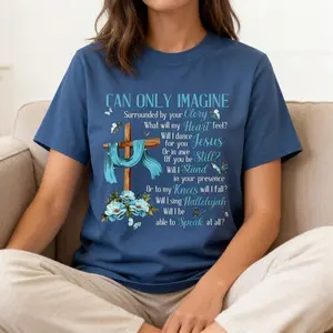 Women's Inspirational Christian T-shirt - 'I Can Only Imagine' Lyrics Printed, Casual Round Neck Short Sleeve Top with Cross and Blue Flower Design, Machine Washed Spring/Summer Fashion T-shirt, Inspi