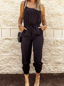Black Drawstring Waist Spaghetti Straps Jumpsuit