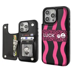 Pink Leopard-print Aesthetics Pattern Phone Cases Compatible For With iphone 16 15 14 13 12 PRO PLUS MAX PU Black Durable Flip High quality Leather Credit Card Bag Holder Mother Gift Wallet Shockproof Anti-Drop Full Protection Phone Cases Shell Cover