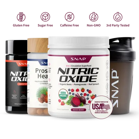 Snap Supplements - Berry Flavor Nitric Oxide Beets + Nitric Oxide Booster 60ct + Prostate Health With FREE Shaker (14oz) - Natural Supplements