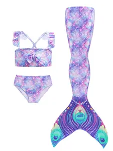 Girls Mermaid Swimsuit 3 Piece Set with Cross Back Straps, Princess Bikini Swimwear Sets with Mermaid Tail Skirt, Kids Beach Wear, Perfect for Pool and Cosplay Costume