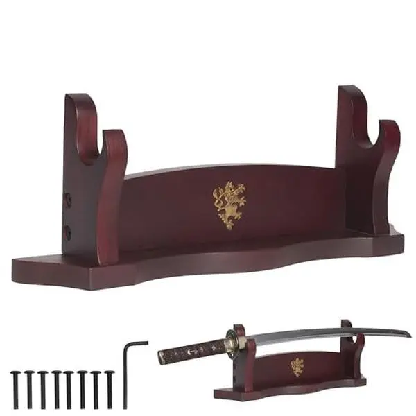 Mythrojan Traditional Acacia Wooden Horizontal Blade Stand Rack - 1-Tier Dark Brown Home Organizer, Elegant Tabletop Museum-Worthy Holder for Katana, Samurai Swords with Allen Key Installation Tool, Racks, Collector Decoration