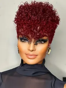 Pixie Wig 99J Natural Brown Afro Puff Kinky Curly Full Machine Made Wiht Bangs Pixie Cut Human Hair For Women Kinky Curly Wigs