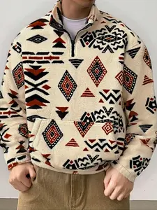 Bohemian Fleece Pullover Jacket, Half-Zip Design, Kangaroo Pocket, Aztec Geometric Pattern, Soft Comfortable Fabric, Fall & Winter Fashion