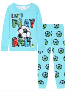 Boys Football Print Pajama Set, Round Neck Long Sleeve Homewear, 2 Piece Set, Casual Loose Fit, All Seasons, Cartoon Pattern