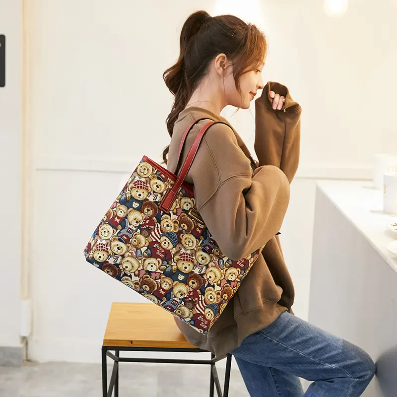 Cute Bear Jacquard   Bag with Zipper Colorful Woven Shoulder  for Everyday Work Use  Capacity Fits A4 Documents iPad Wallet Umbrella Multiple Pockets for Organized Storage large Tote, Graphic, Double Handle Women's Tote Bags, Multi-Function, Retro, Chic