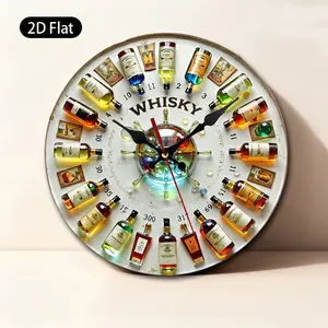1pc 2D Flat Whisky Bottle Design Wall Clock | Colorful Led Light, Suitable For Bar, Pub, Man Cave, Home Bar, Kitchen, Dining Room Decor, Round Wooden Clock, Battery Not Included