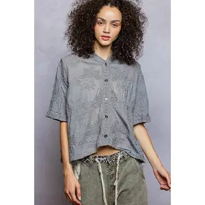 POL Heather Grey Crochet Hooded Top