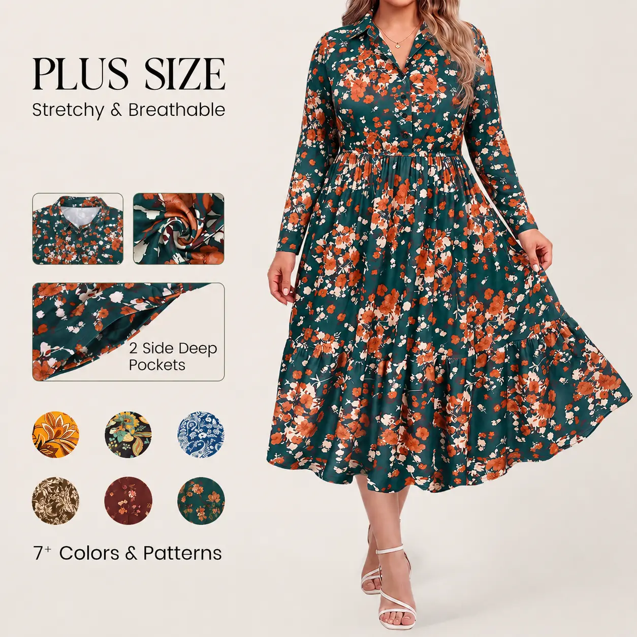 RITERA Plus Size Collared Dresses for Curvy Women Casual V Neck Long Sleeve Dresses Midi Fall Winter Dress with Pocket XL-5XL Womenswear Floral