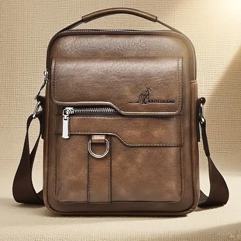 Men's Vintage PU Leather Adjustable Crossbody & Shoulder Bag - Multi-Use Casual, Convertible to Messenger, Handle, Zippered Compartment, Pockets, Business/Travel Use, Birthday Gift for Dad, Do Not Wash (Brown/Black)