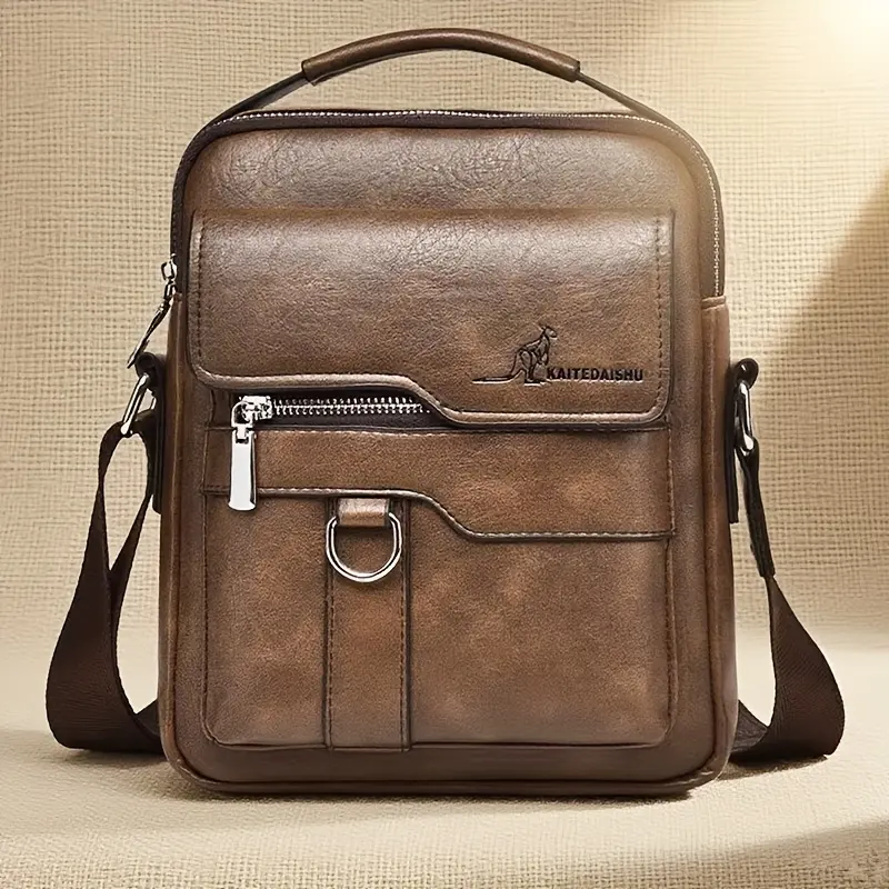Men's Vintage Leather Adjustable Crossbody Bag with Handle, Convertible Casual Multi-Use Basic for Work-Travel, Zippered Compartment Business Accessory, Birthday Gift for Dad (Brown/Black), Pu