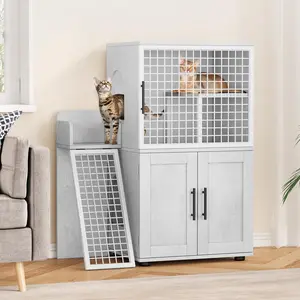 Garvee Cat Litter Box Enclosure Furniture with Double Layer Hidden Litter Box Cabinet, Platform & Ladder, Villa Style Wooden Cat House for Living Room or Balcony in Antique White Finish