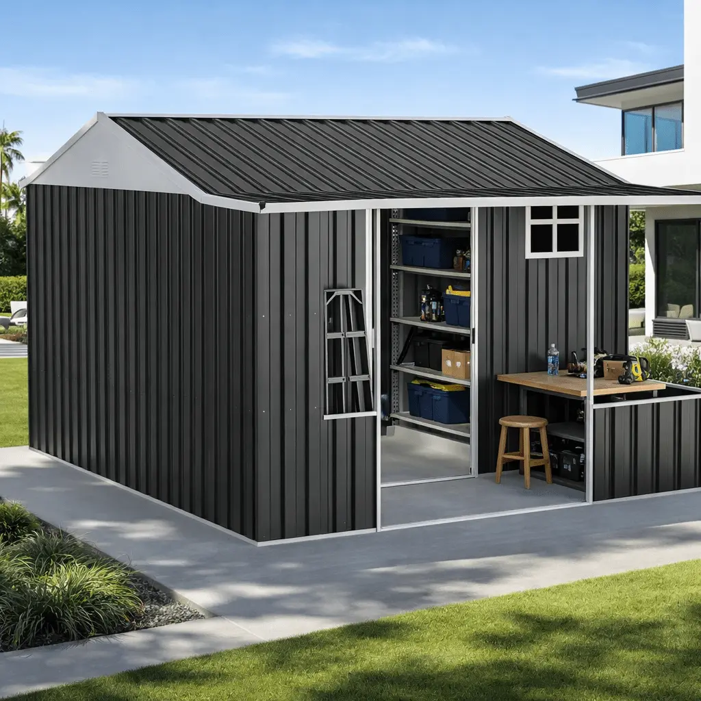 10×10FT Metal Storage Shed Outdoor Tool Shed Dual Zone Garden Shed with Work Area Reinforced Frame Gable Roof Backyard Storage House