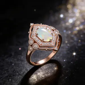Women’s Vintage Edwardian-Style Elegant Engagement Ring - Imitation Ethiopian Synthetic Opal, Openwork Lace Filigree Costume Jewelry, Engagement Rings