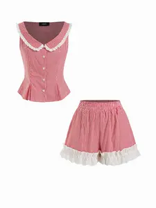 Cider Gingham Ruched Top & Mid Rise Lace Trim Shorts Set