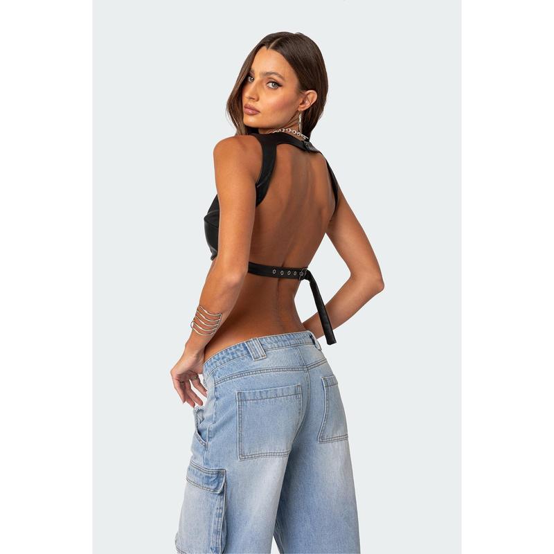 Porsha Open Back Faux Leather Crop Top