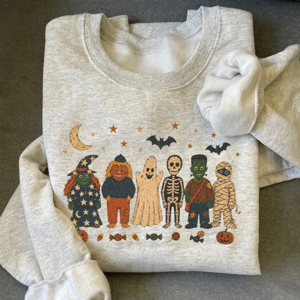 Vintage Halloween Characters Sweatshirt, Retro Spooky Season Crewneck, Cute Witch Ghost Skeleton Pumpkin Sweater, Classic Monster Fall Pullover, Cozy Halloween Gift