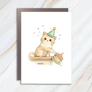 Cute Funny Birthday Card With Red Cat Illustration Pushing Cake For Cat Lovers BC132