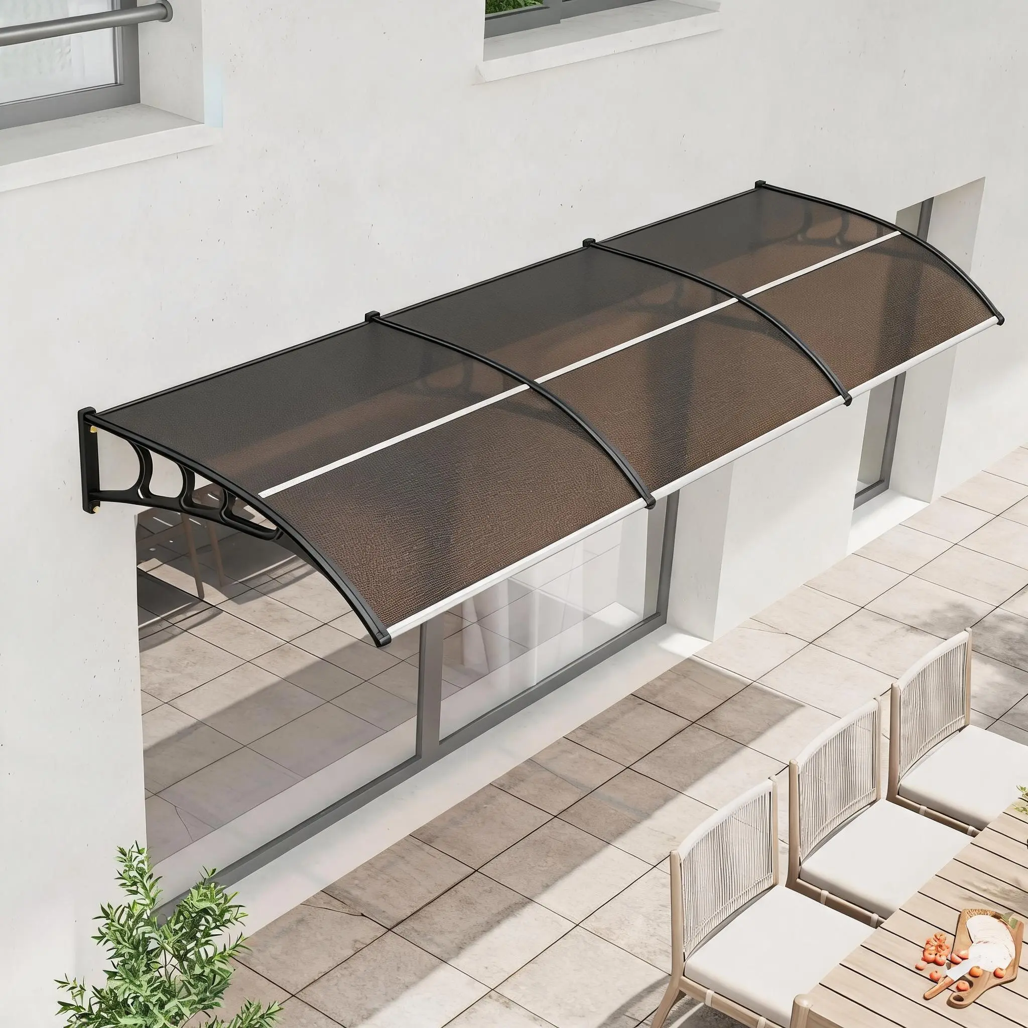 40''x120'' Rectangle Brown Polycarbonate Outdoor Awning Canopy, UV Resistant Weatherproof Exterior Window Area Rain Shelter with Stable Steel Brackets & Aluminum Fittings, Curved Slope Patio Roof for Snow Protection, Easy-Install Sun Shade