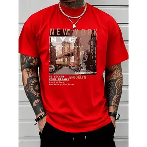 Men's Casual Cotton Streetwear T-Shirt with Vintage New York Brooklyn Street Scenes Print. 100% Heavyweight Cotton, Retro Western Style, Soft Breathable Fabric, Classic Short Sleeve, Perfect for Urban Daily & Summer Fashion.