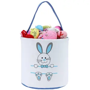 XinblueCo Easter Bunny Basket Egg Bags for Kids Canvas Cotton Personalized Candy Egg Basket Rabbit Print Buckets with Fluffy Tail Gifts Bags for Easter Lightweight Durable Perfect Size Reusable