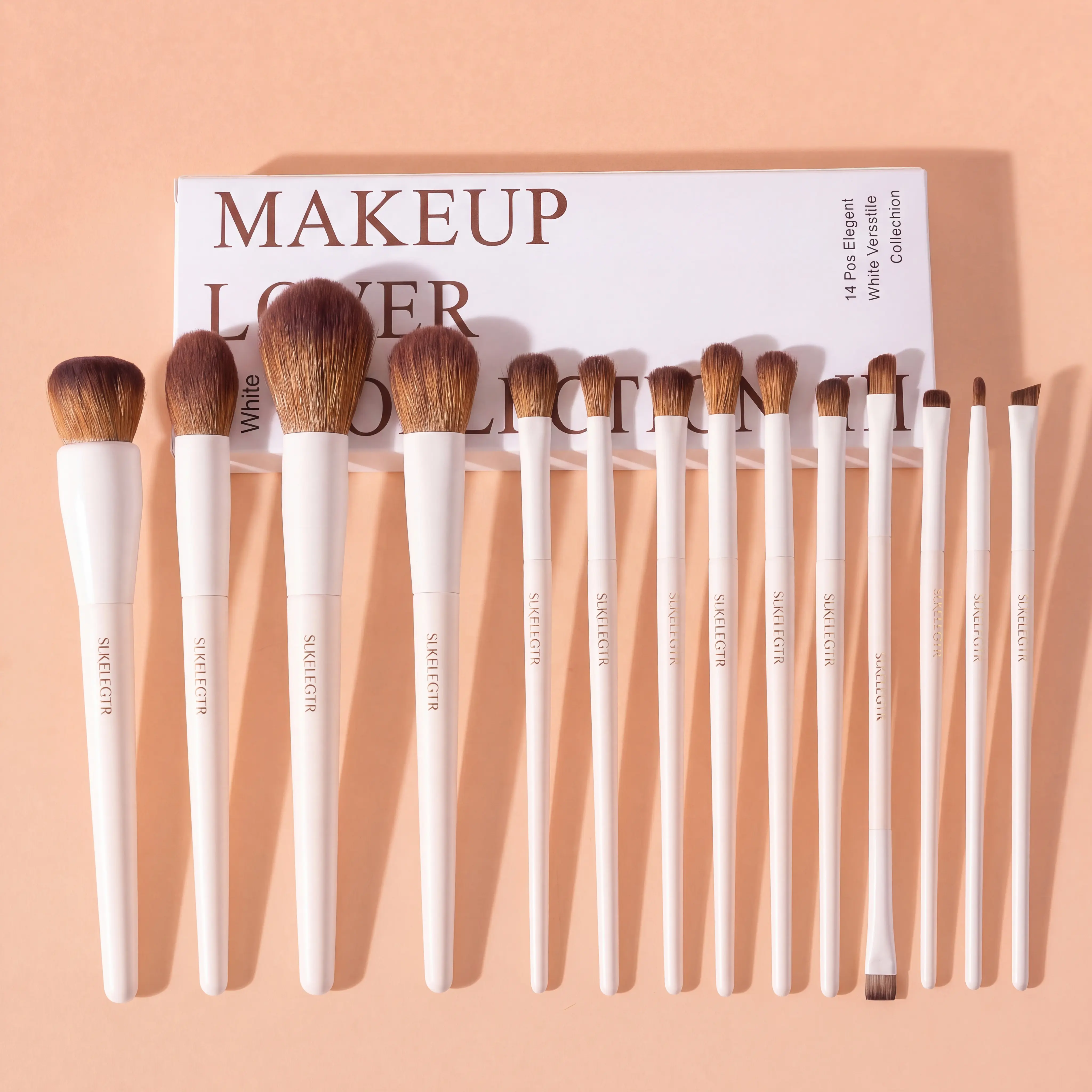 14-Piece Premium Synthetic Makeup Brushes Set - Eyeshadow Brush, Powder, Foundation, Contour, Blush, Concealer, Blending, Liner Kit in Light Grey for Beginners & Pros