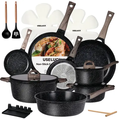 USELUCK 22-Pc Anti-Adhesive Ceramic Coated Cookware Set - Aluminum Base, Granite Look, PFOA/PFOS-Free Cream White, Induction-Ready, Glass Lids, Crepe Pan, Aluminum Handle Bundle With Handle, Anti-Adhesive Cookware Sets