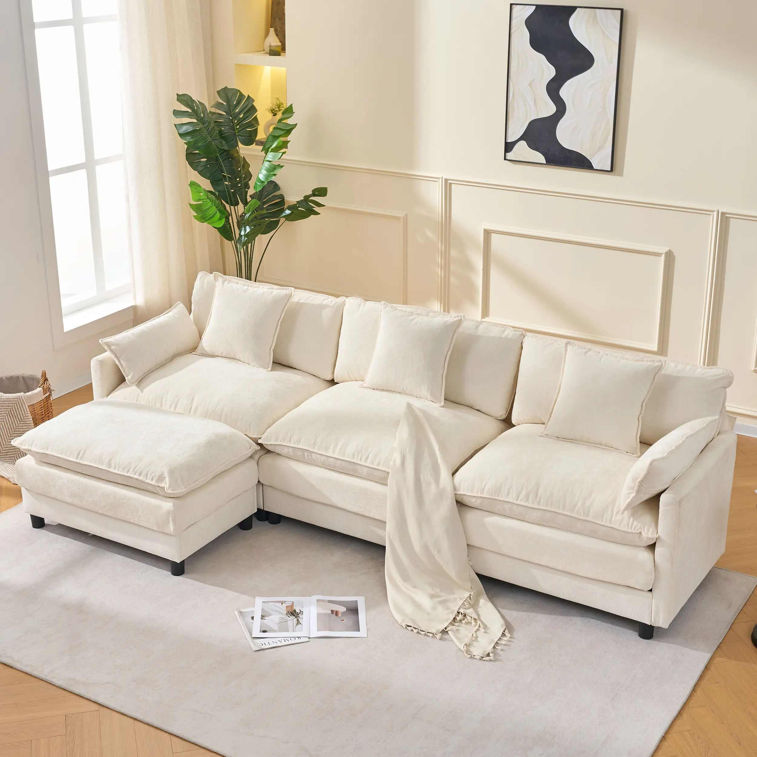 108" L-Shaped Modular Sectional Sofa Couches with Ottoman, Modern 4-Seat Chenille Cloud Deep-Seat Indoor Furniture Set for Living Room, Apartment