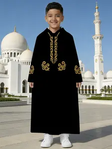 punch monkey Boys' Traditional Ethnic Hooded Thobe, Black with Gold Embroidery Middle Eastern Style Kids' Wear