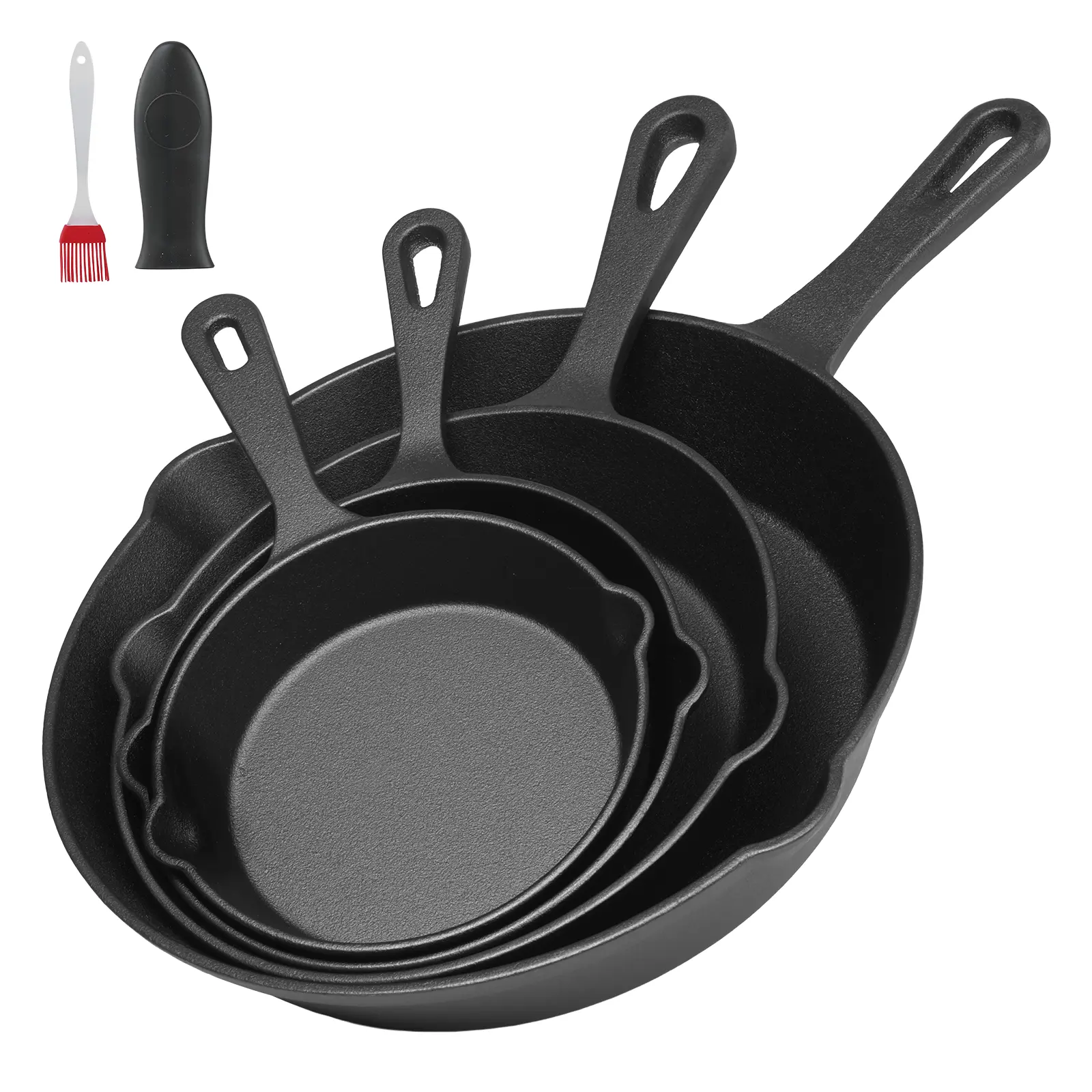 LOVEWE Cast Iron Frying Pan Set - 4/5-Piece Non-Stick Cookware with Ergonomic Handle, Heatproof Easy-Clean Grill Pans & Woks, Compatible with Oven, Induction Hob, Stove